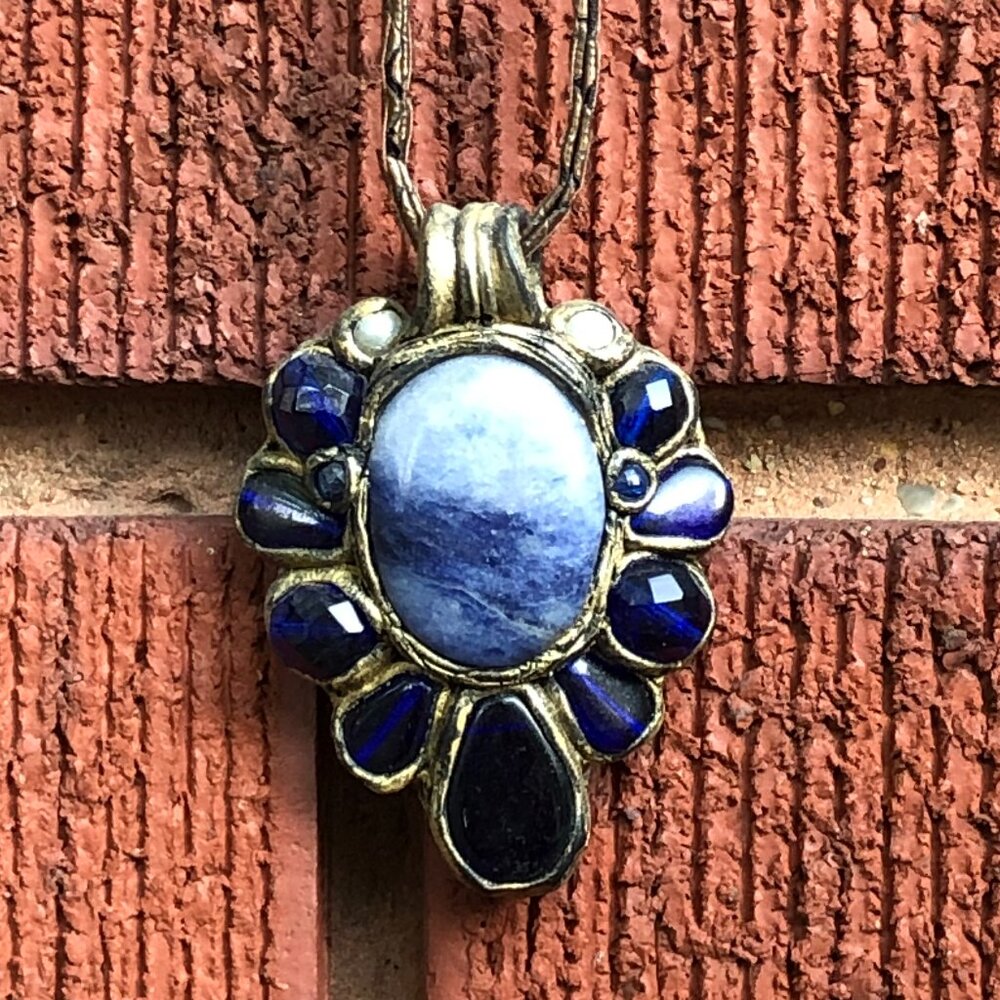 NECKLACE Sodalite And Lapis Lazuli Flower Pendant Handmade/Signed By Artisan